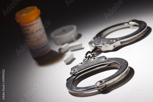 Foto: Handcuffs, Medicine Bottle and Pills Under Spot Light Handcuffs, Medicine Bottle and Pills Under Spot Light