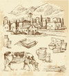 Village houses sketch with food