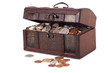 Wooden chest with coins inside isolated