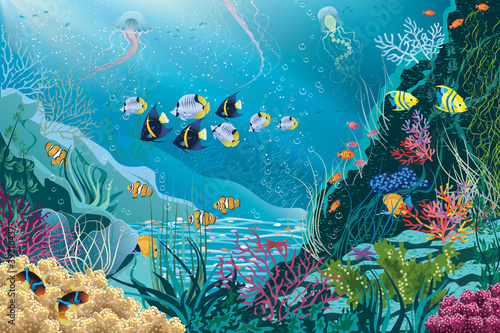 Vector: Underwater landscape with various water plants and fishes.EPS8 Underwater landscape with various water plants and fishes.EPS8