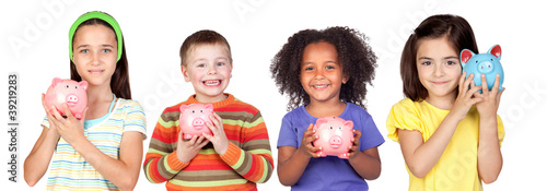 Photo: Four happy children with moneybox savings Four happy children with moneybox savings