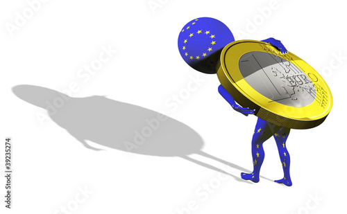Illustration: A little 3d guy in UE flag carrying 1 euro A little 3d guy in UE flag carrying 1 euro