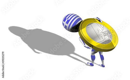 Illustration: A little 3d guy in Greece flag carrying 1 euro A little 3d guy in Greece flag carrying 1 euro