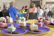 Dessert dishes at a lady's luncheon with senior women