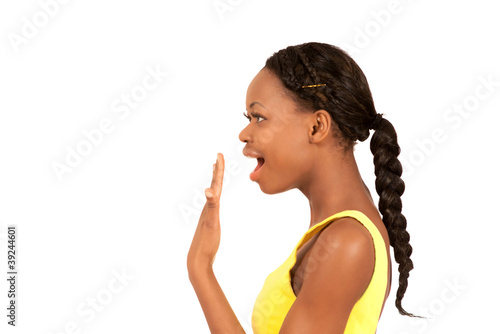Photo: Happy surprised girl side view copy space Happy surprised girl side view copy space