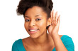 Photo: Amused girl cupping ear and listening Amused girl cupping ear and listening
