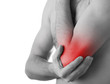 Rear view of a young man holding his elbow in pain, isolated on
