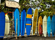 Surf boards standing on Kuta Bali beach.