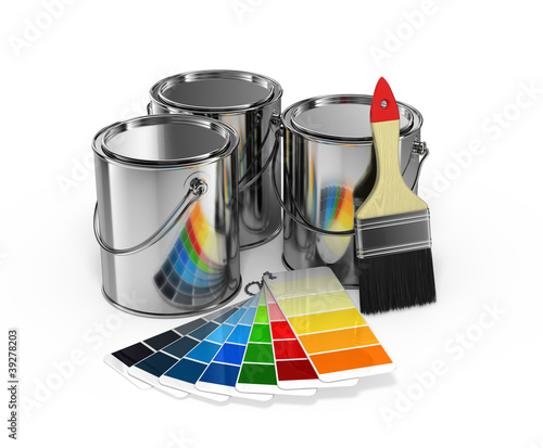 Illustration: Paint cans with brush and Pantone color guide Paint cans with brush and Pantone color guide