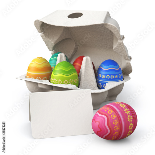 Illustration: Colorful painted easter eggs in a box with greeting card Colorful painted easter eggs in a box with greeting card