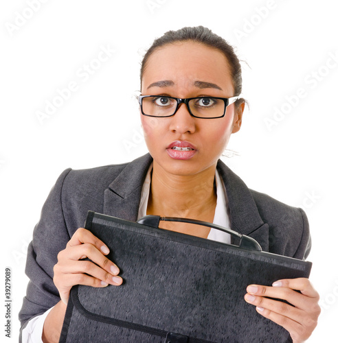 Photo: Terrified young business woman on white Terrified young business woman on white