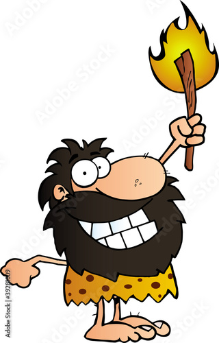 Vector: Happy Caveman Holding Up A Torch. Happy Caveman Holding Up A Torch.