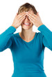 Smiling woman hides her eyes