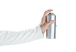 Human hand holding blank spray paint can isolated on white