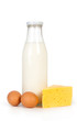Milk products and eggs. Milk bottle, eggs and cheese.