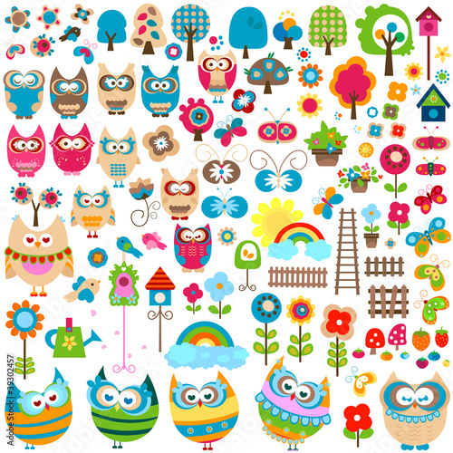 Vector: owls and garden themed elements owls and garden themed elements
