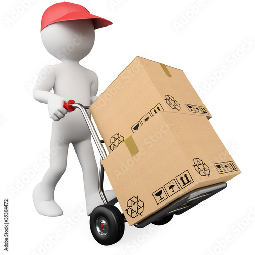 Illustration: 3D worker pushing a hand truck with boxes 3D worker pushing a hand truck with boxes