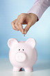 Female hand putting coin into a piggy bank