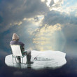 Funny picture of a ice fisherman floating on a iceberg.