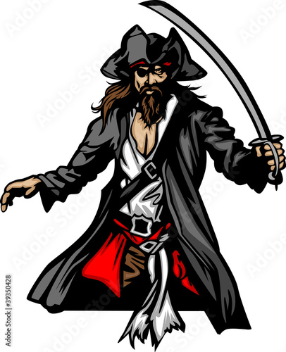 Vector: Pirate Mascot Standing with Sword and Hat Pirate Mascot Standing with Sword and Hat