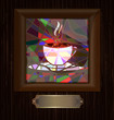 wooden frame and stained glass with cup of coffee wooden frame and stained glass with cup of coffee