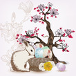spring scene with rabbit and magnolia tree
