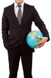 Business man holding a globe in his hand, isolated on white