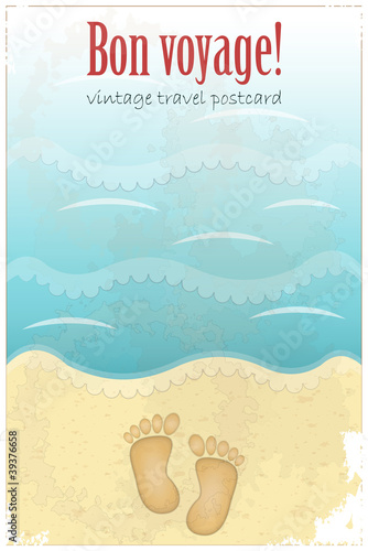 Vector: Vintage Travel Postcard - footprints in sand at the beach Vintage Travel Postcard - footprints in sand at the beach