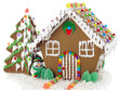 Gingerbread house and christmas tree on the white background