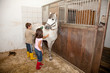 Boy and Girl Grooming a Horse