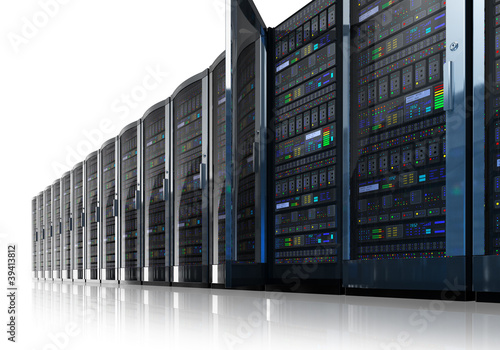 Illustration: Row of network servers in data center Row of network servers in data center
