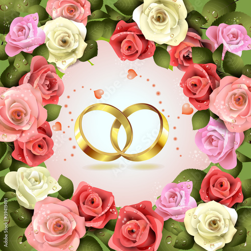 Two wedding ring with hearts and flowers