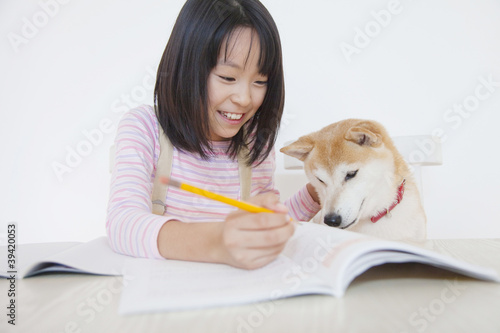 Photo: 勉強をする女の子と見守る柴犬 勉強をする女の子と見守る柴犬