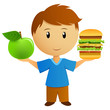 Young men with apple and hamburger