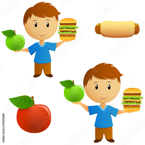 Vector: Set of young men with apple and hamburger choice Set of young men with apple and hamburger choice