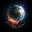 Illustration: Illustrated hand holding a burning Earth Illustrated hand holding a burning Earth