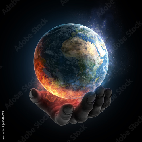 Illustration: Illustrated hand holding a burning Earth Illustrated hand holding a burning Earth
