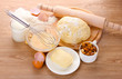 Ingredients for the dough wooden table Ingredients for the dough wooden table