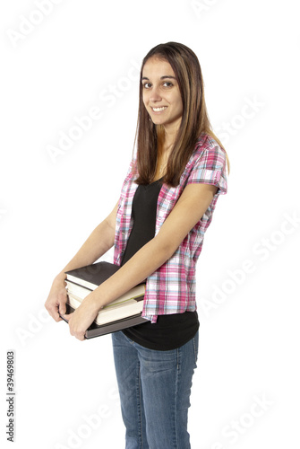 Photo: Young woman college student with books. Young woman college student with books.