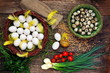 Easter eggs and natural wooden country table Easter eggs and natural wooden country table