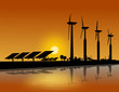 Silhouette Windrad und Solarmodule Sonnenuntergang