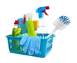 Assorted cleaning products on white background