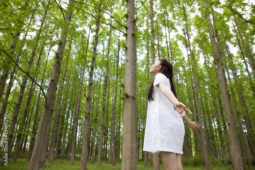 Photo: 林の中で両手を広げる女性 林の中で両手を広げる女性
