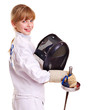Child in fencing  holding epee .