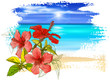 Vector: Hibiscus flowers, azure ocean, blue sky with white fluffy clouds Hibiscus flowers, azure ocean, blue sky with white fluffy clouds