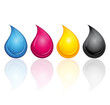CMYK CMJN ink drops with reflection. CMYK CMJN ink drops with reflection.