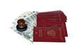 Passports of RF with russian paper currency and rubber stamp