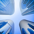 blue highrise glass skyscraper intersection low angle shot