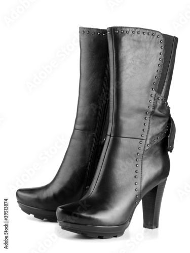 Photo: Black leather female high-heeled boots Black leather female high-heeled boots