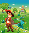 Puss in boots and background. Cartoon vector illustration.